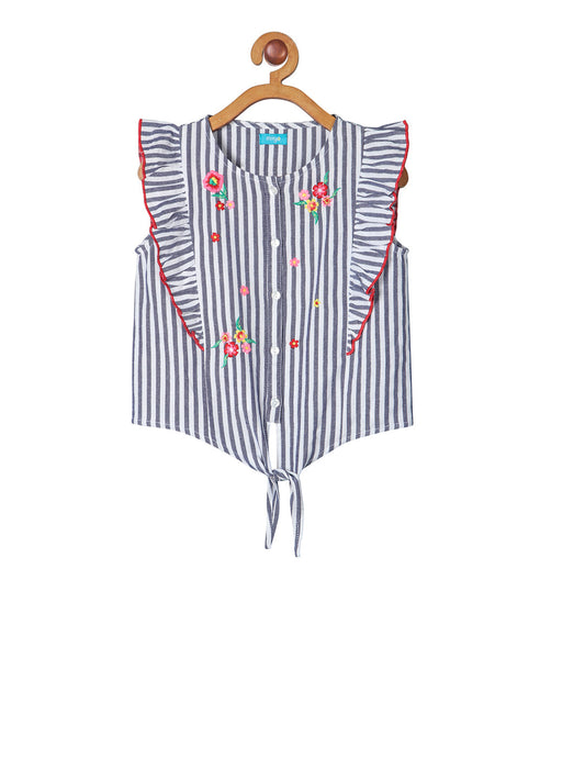 Girls Striped Floral Embroidered Top