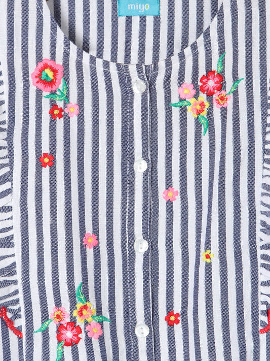 Girls Striped Floral Embroidered Top
