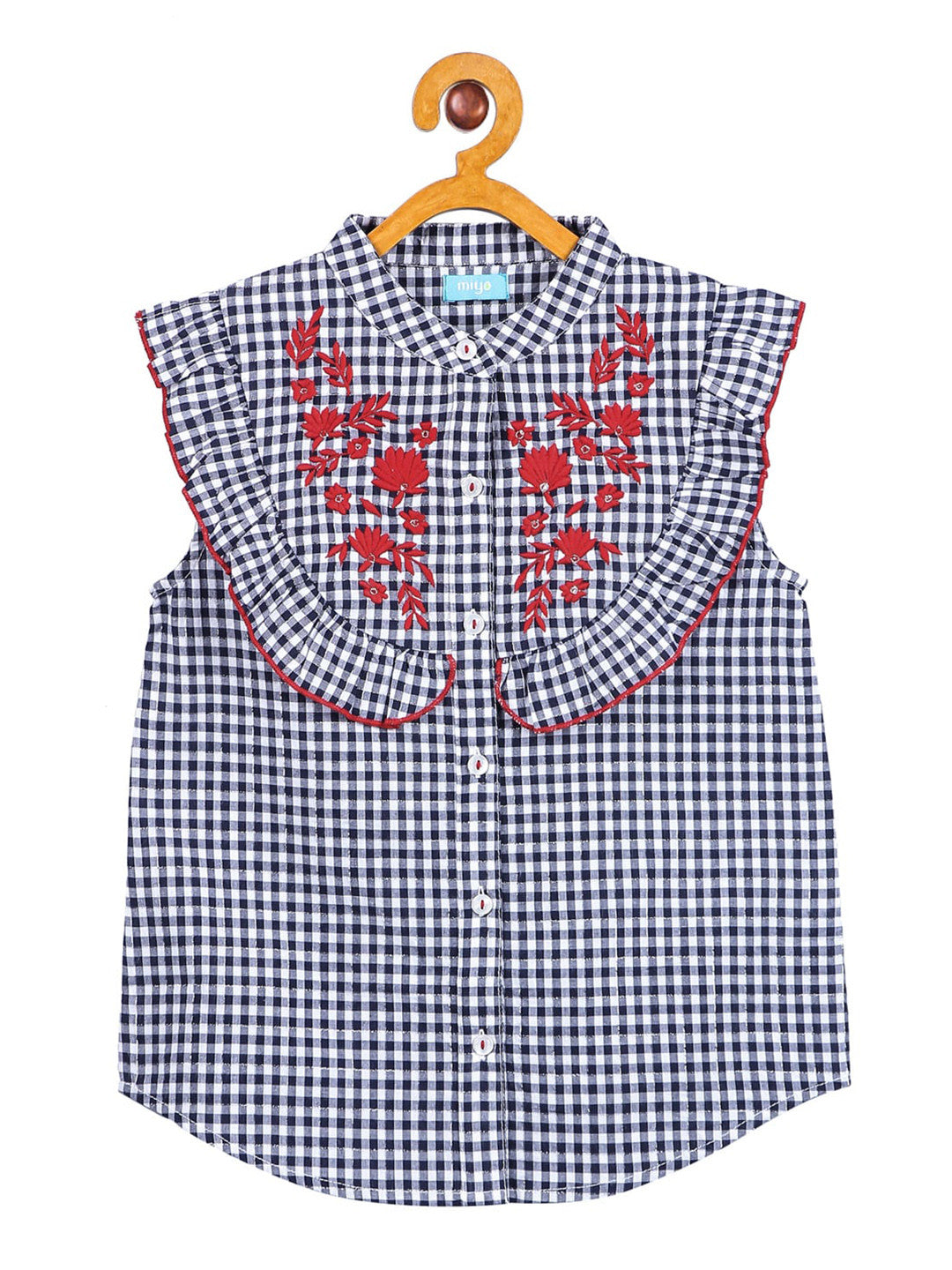 Girls Navy Blue Checked Casual Top