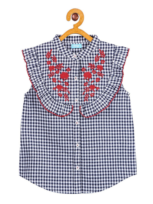Girls Navy Blue Checked Casual Top