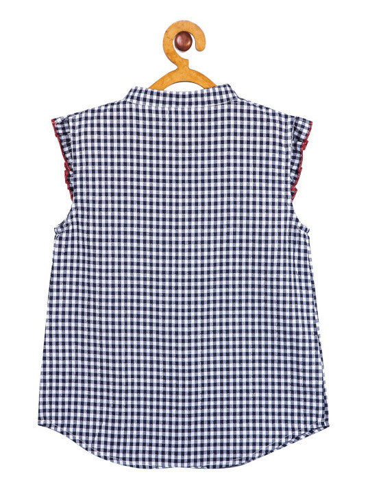 Girls Navy Blue Checked Casual Top