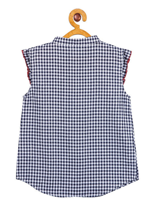 Girls Navy Blue Checked Casual Top