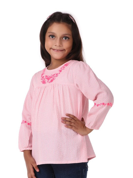 Girls Striped Embroidered Casual Top