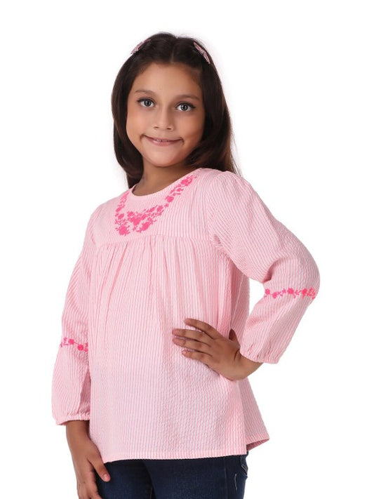 Girls Striped Embroidered Casual Top