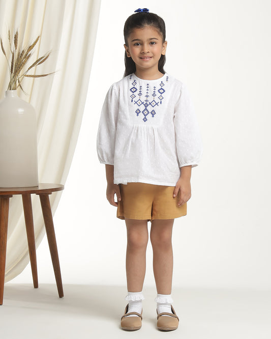 Girls White Embroidered Casual Top