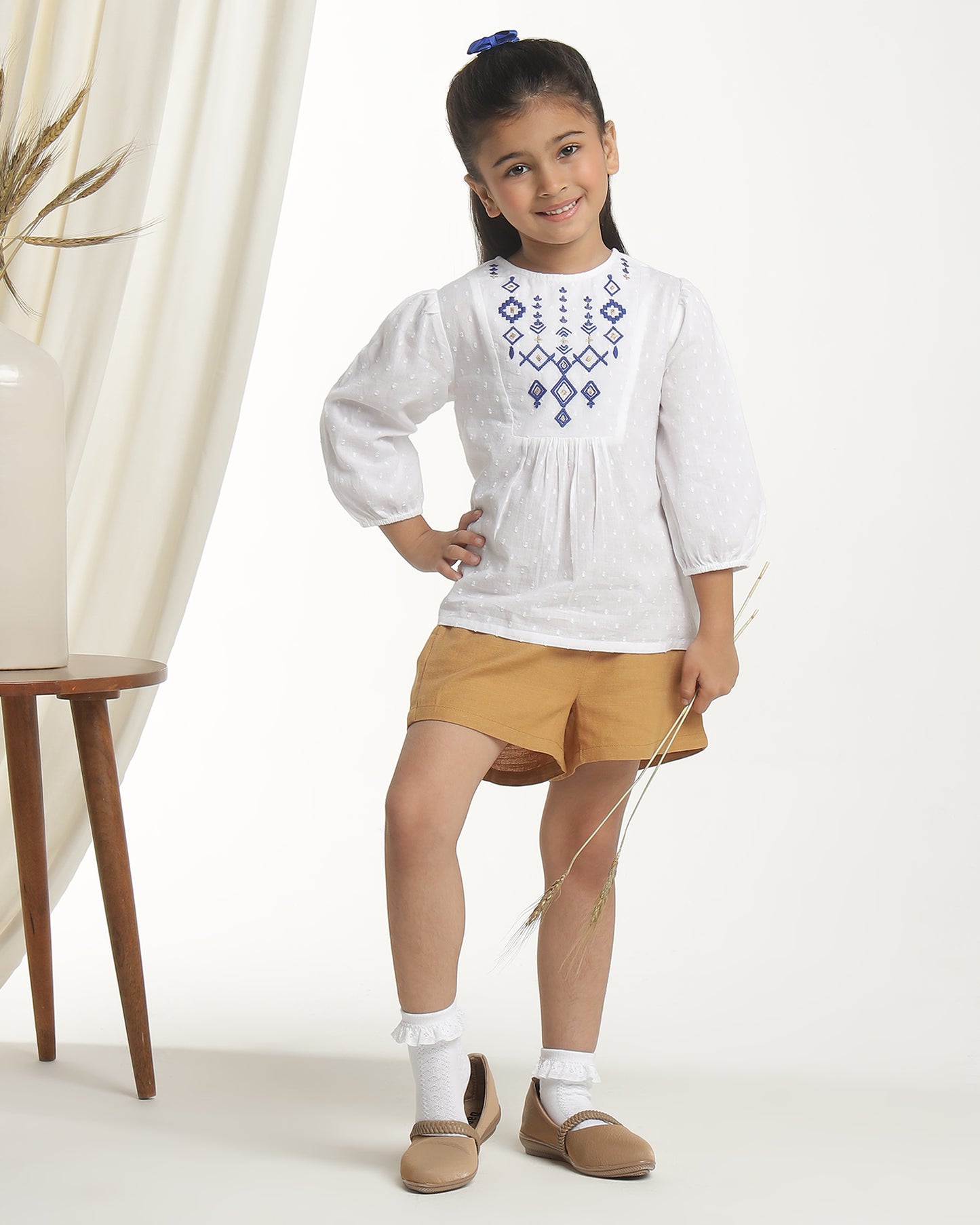Girls White Embroidered Casual Top