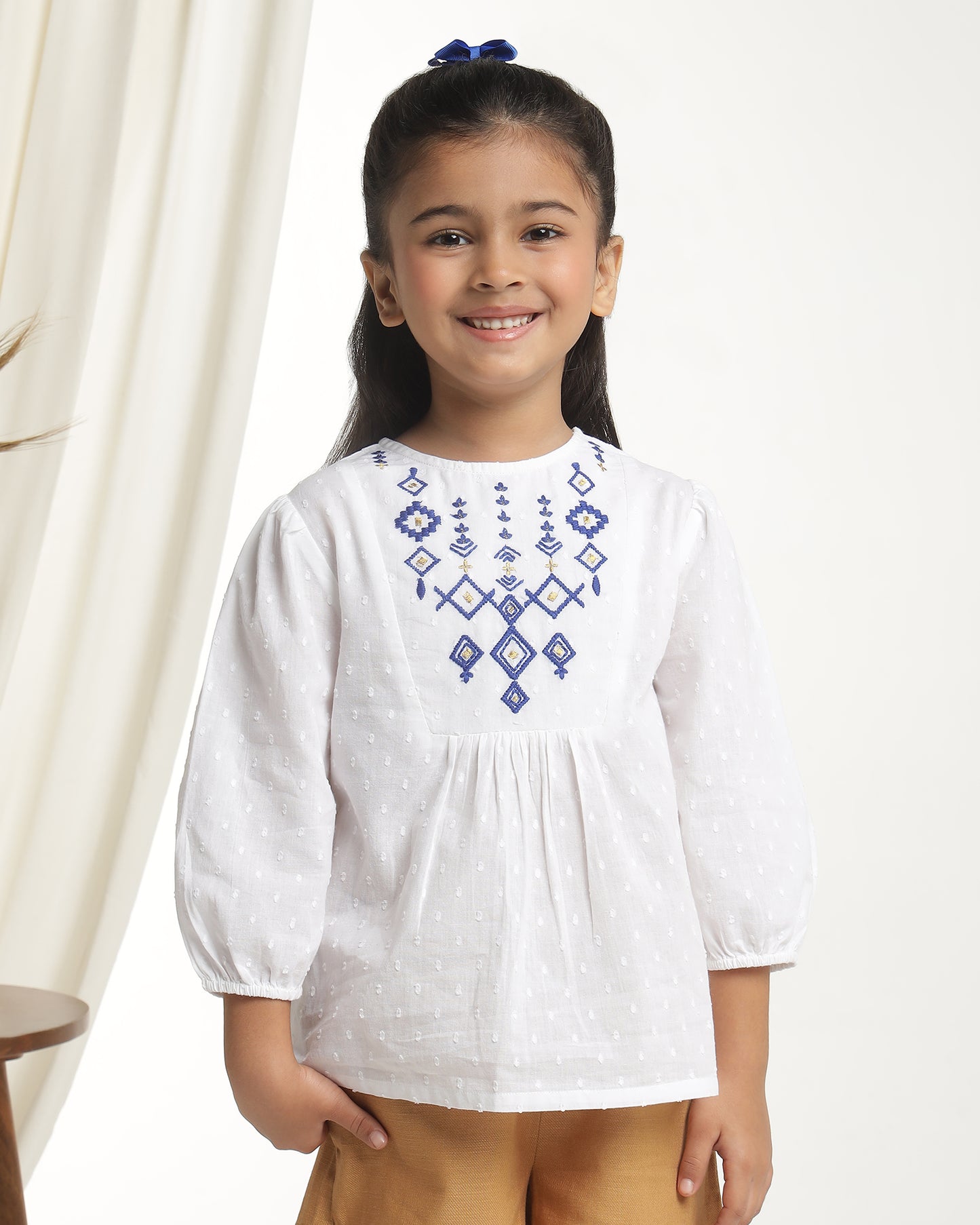 Girls White Embroidered Casual Top