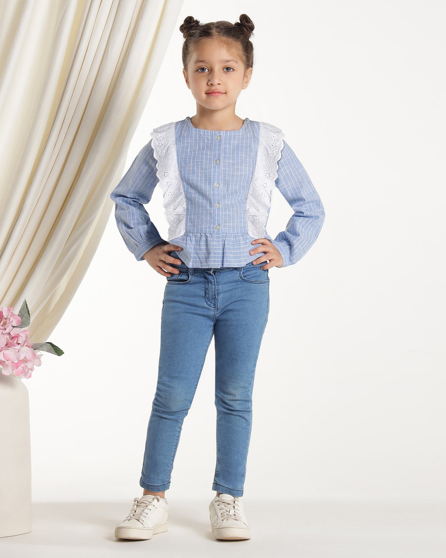 Girls Striped Lace Ruffle Casual Top