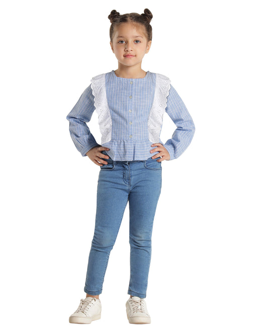 Girls Striped Lace Ruffle Casual Top