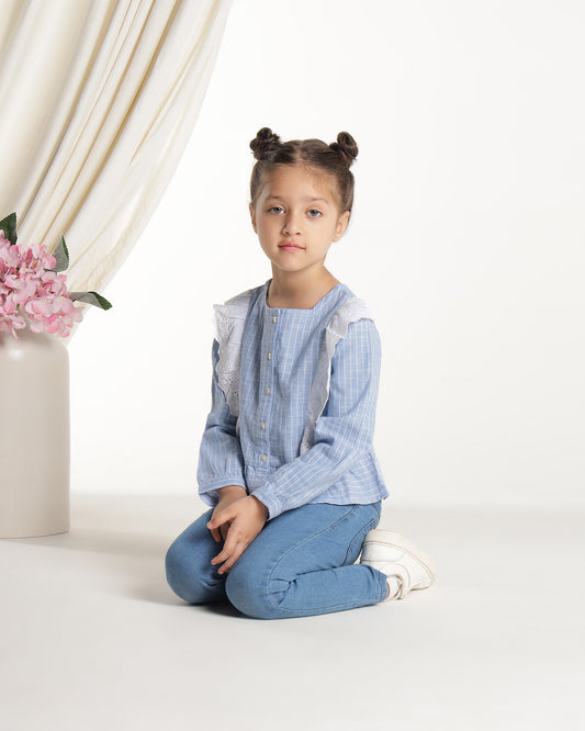 Girls Striped Lace Ruffle Casual Top