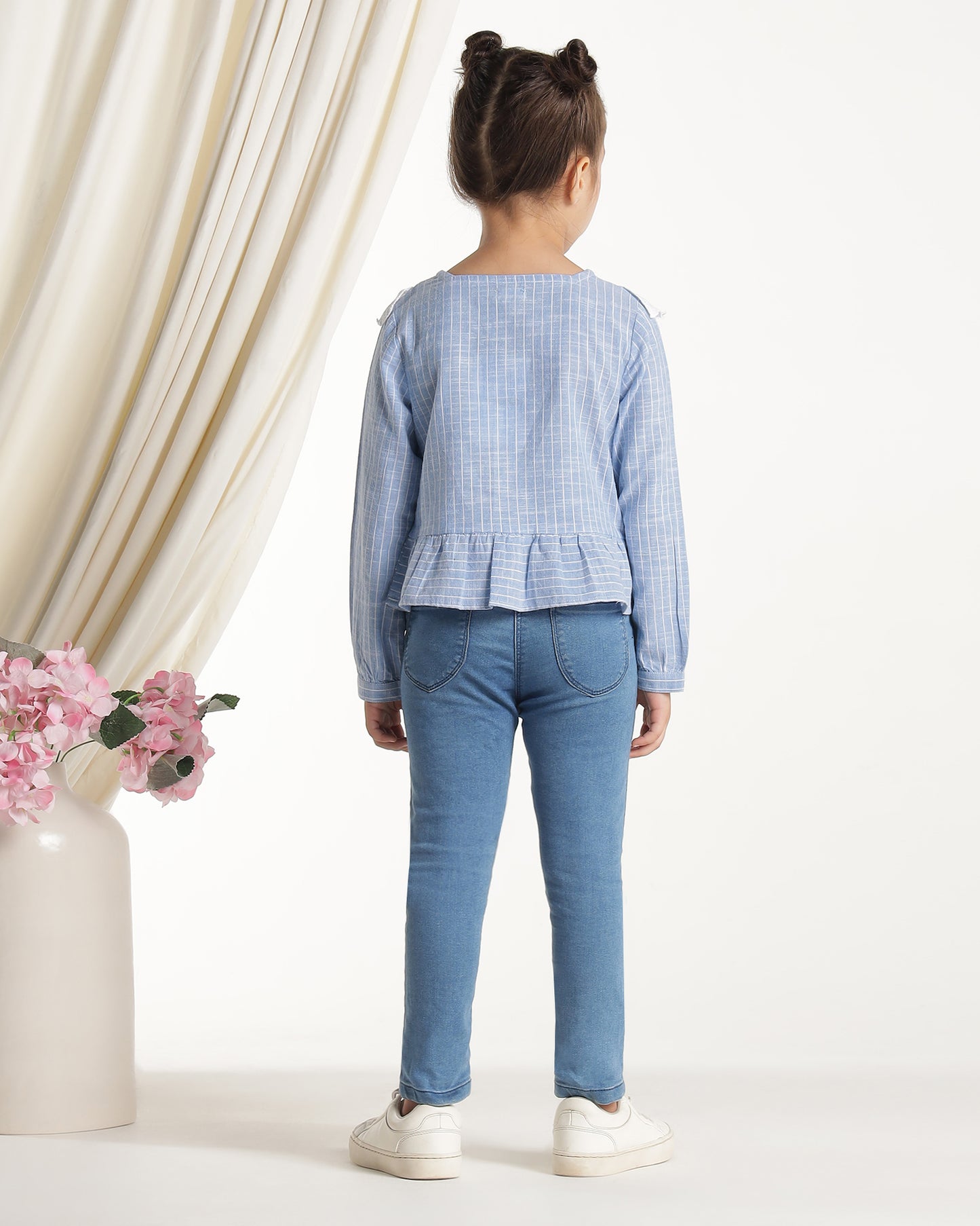 Girls Striped Lace Ruffle Casual Top