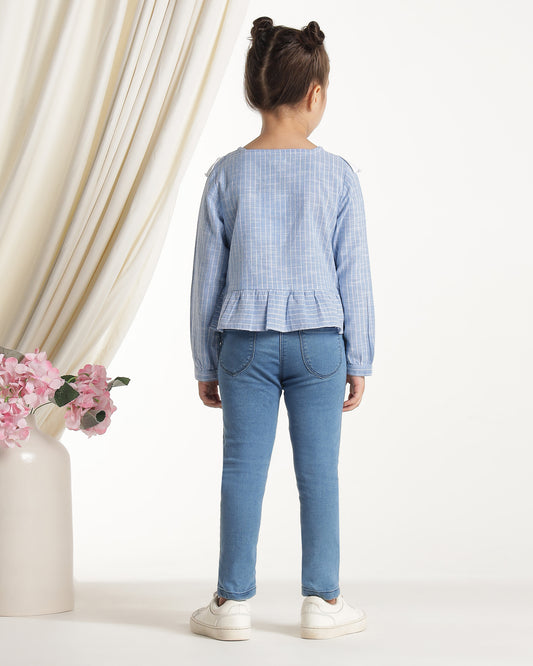 Girls Striped Lace Ruffle Casual Top