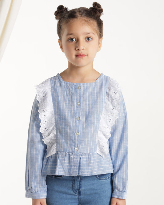 Girls Striped Lace Ruffle Casual Top