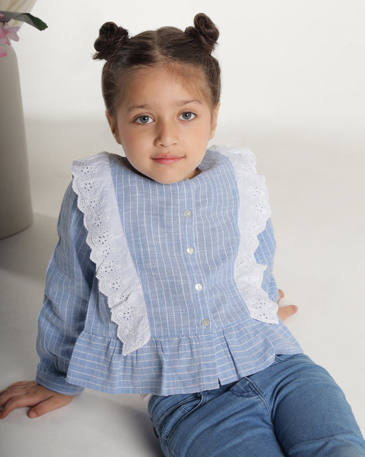 Girls Striped Lace Ruffle Casual Top