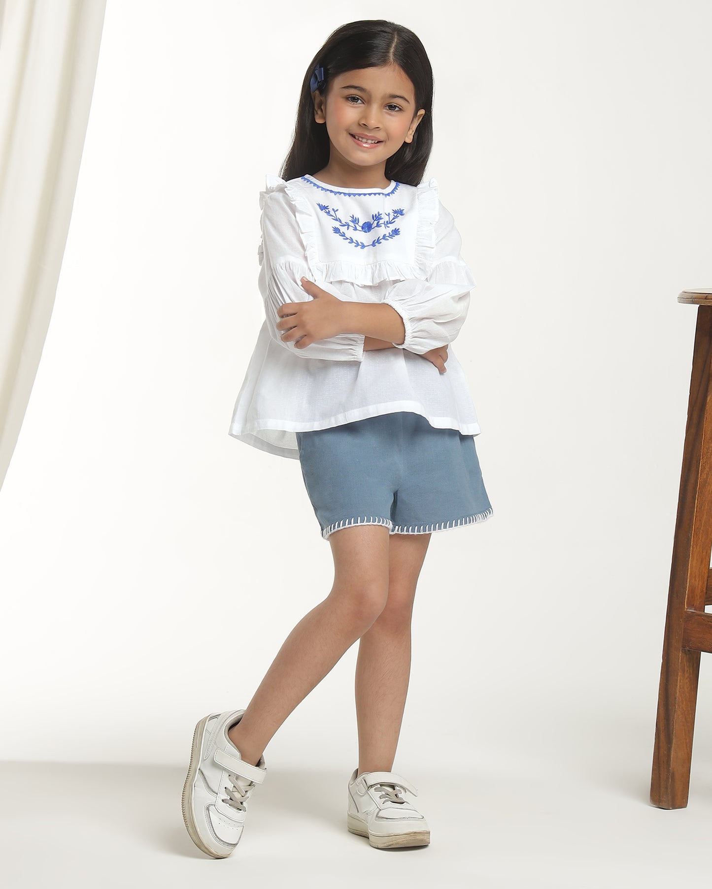 Girls White Embroidered Casual Top