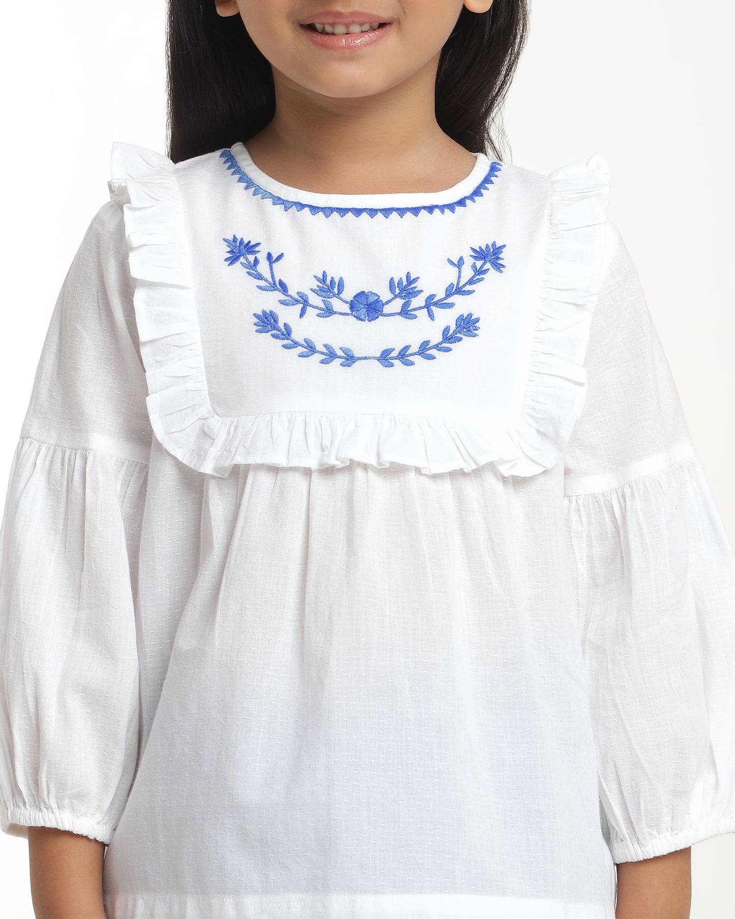 Girls White Embroidered Casual Top