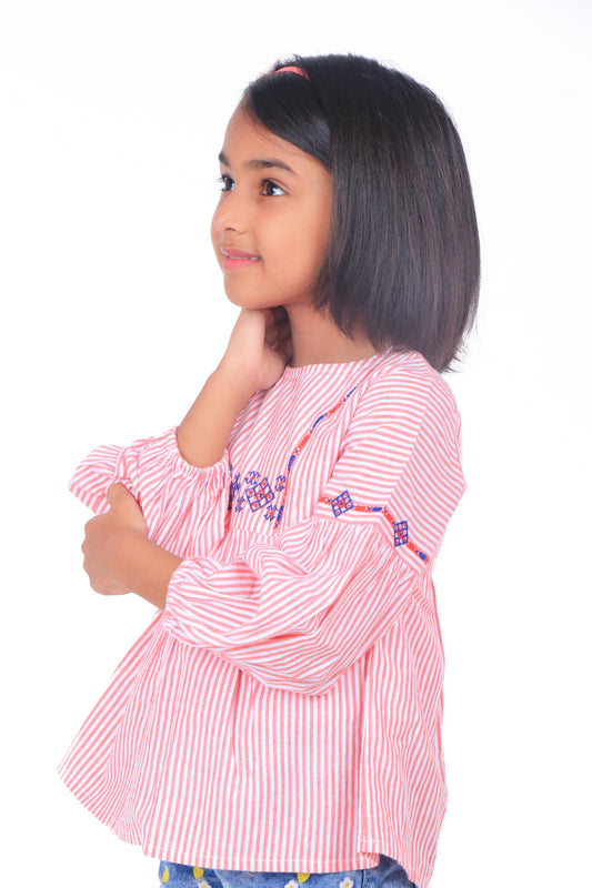 Girls Pink Striped Embroidered Casual Top