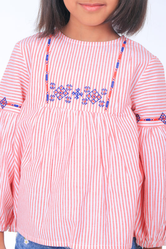Girls Pink Striped Embroidered Casual Top