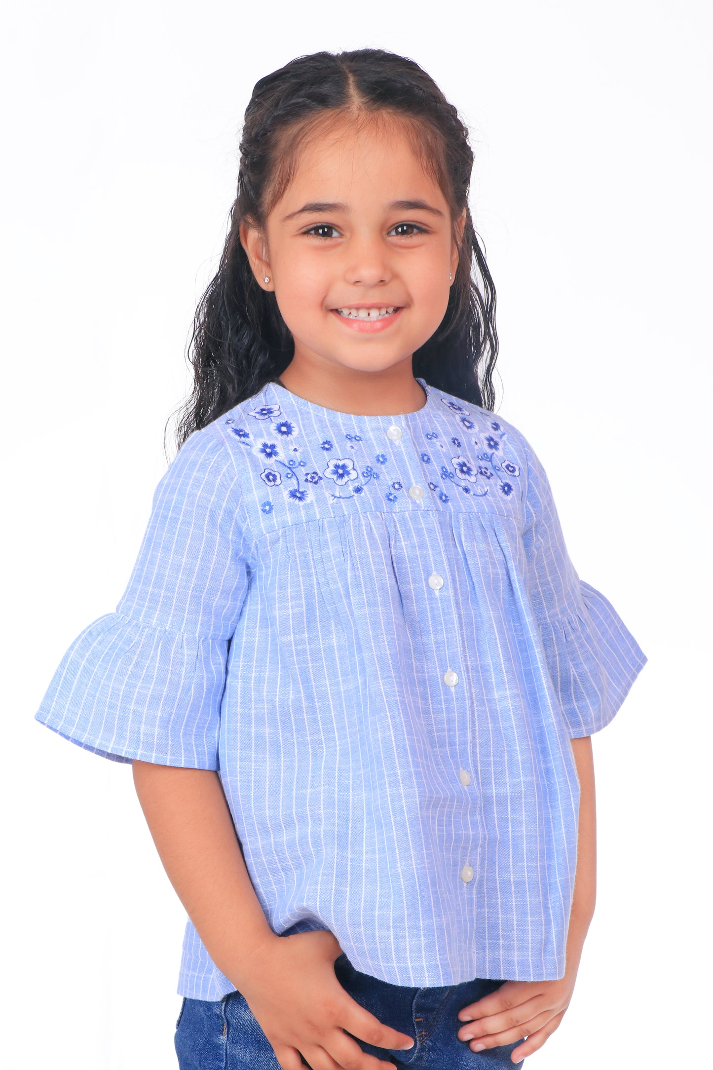 Girls Blue Embroidered Casual Top