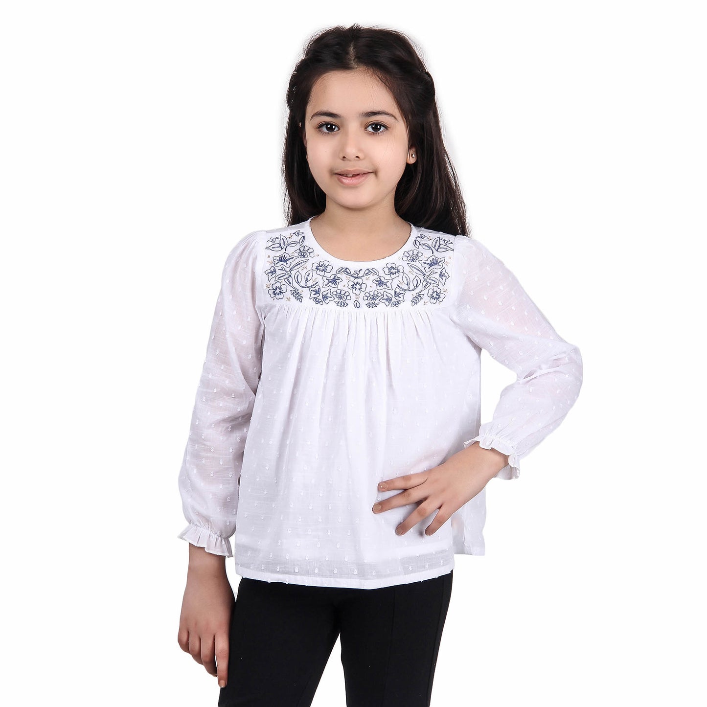 Girls White Embroidered Casual Top