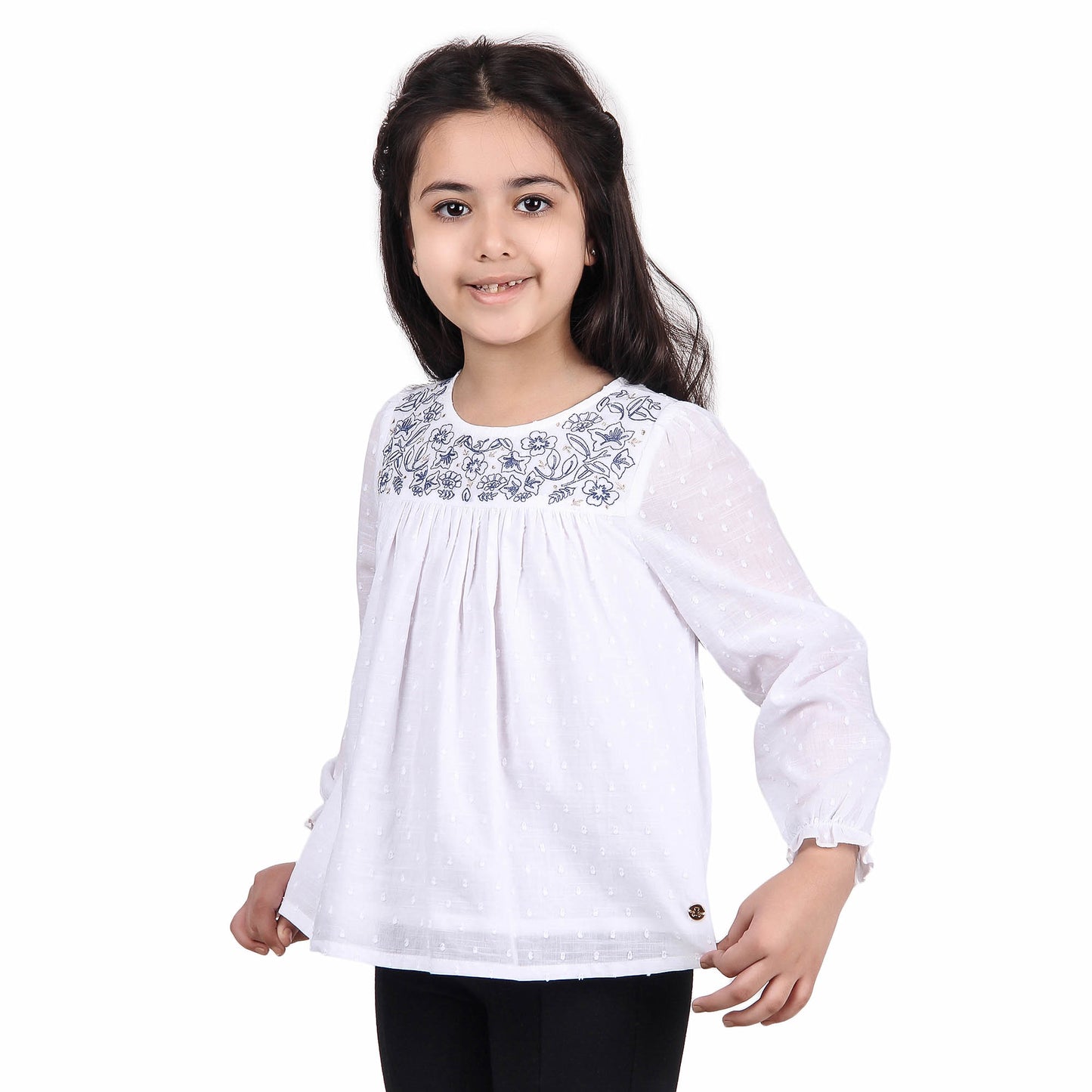 Girls White Embroidered Casual Top