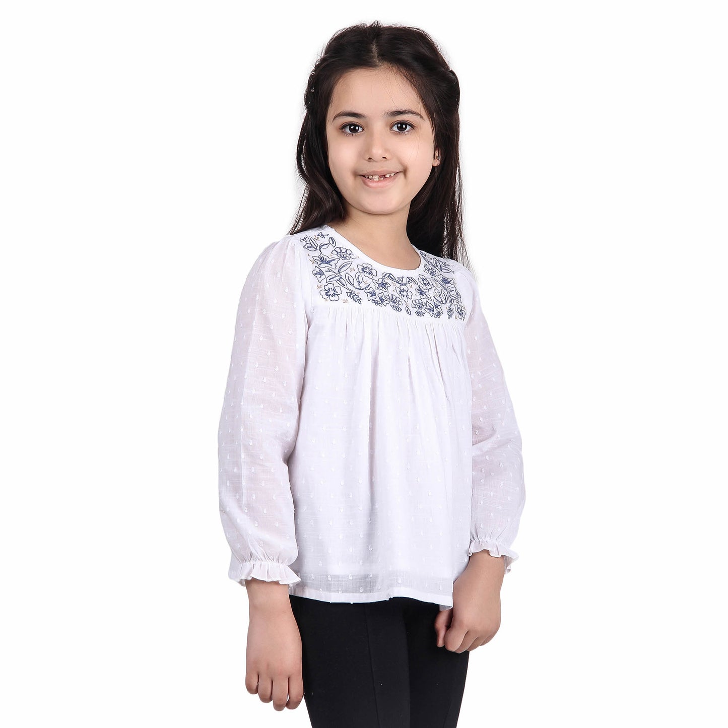 Girls White Embroidered Casual Top