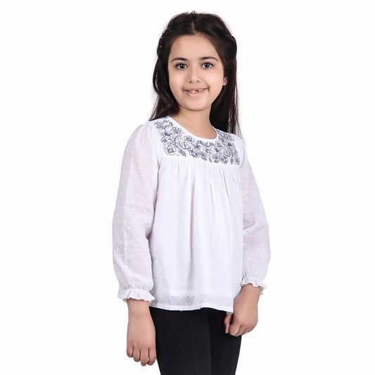 Girls White Embroidered Casual Top
