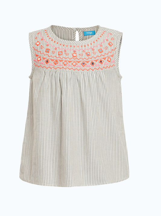 Girls Striped Embroidered Sleeveless Top