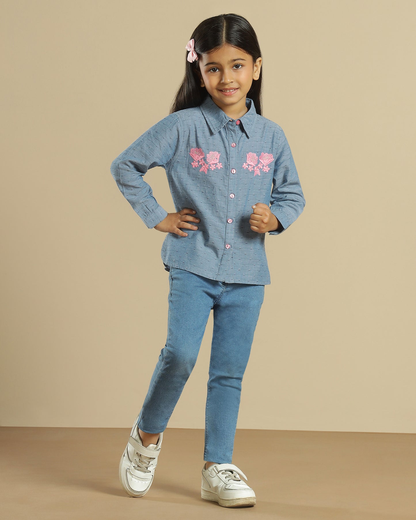Girls Blue Embroidered Collared Casual Top