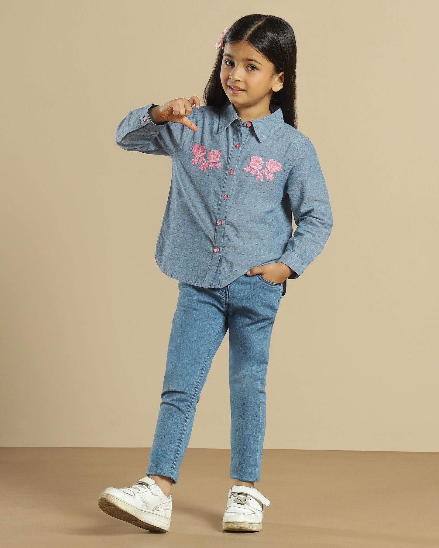 Girls Blue Embroidered Collared Casual Top
