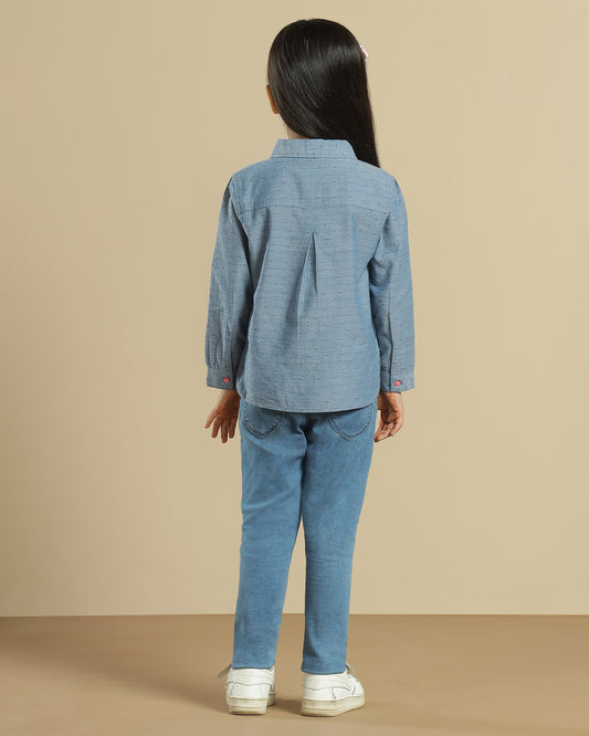 Girls Blue Embroidered Collared Casual Top