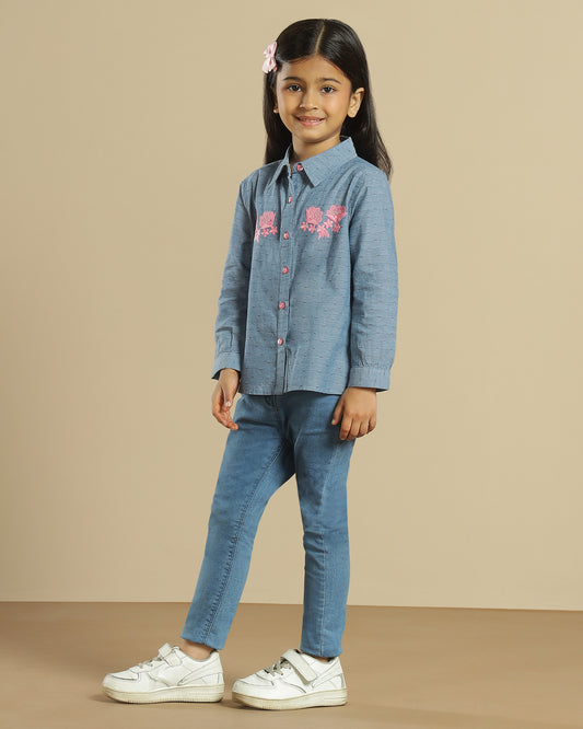 Girls Blue Embroidered Collared Casual Top