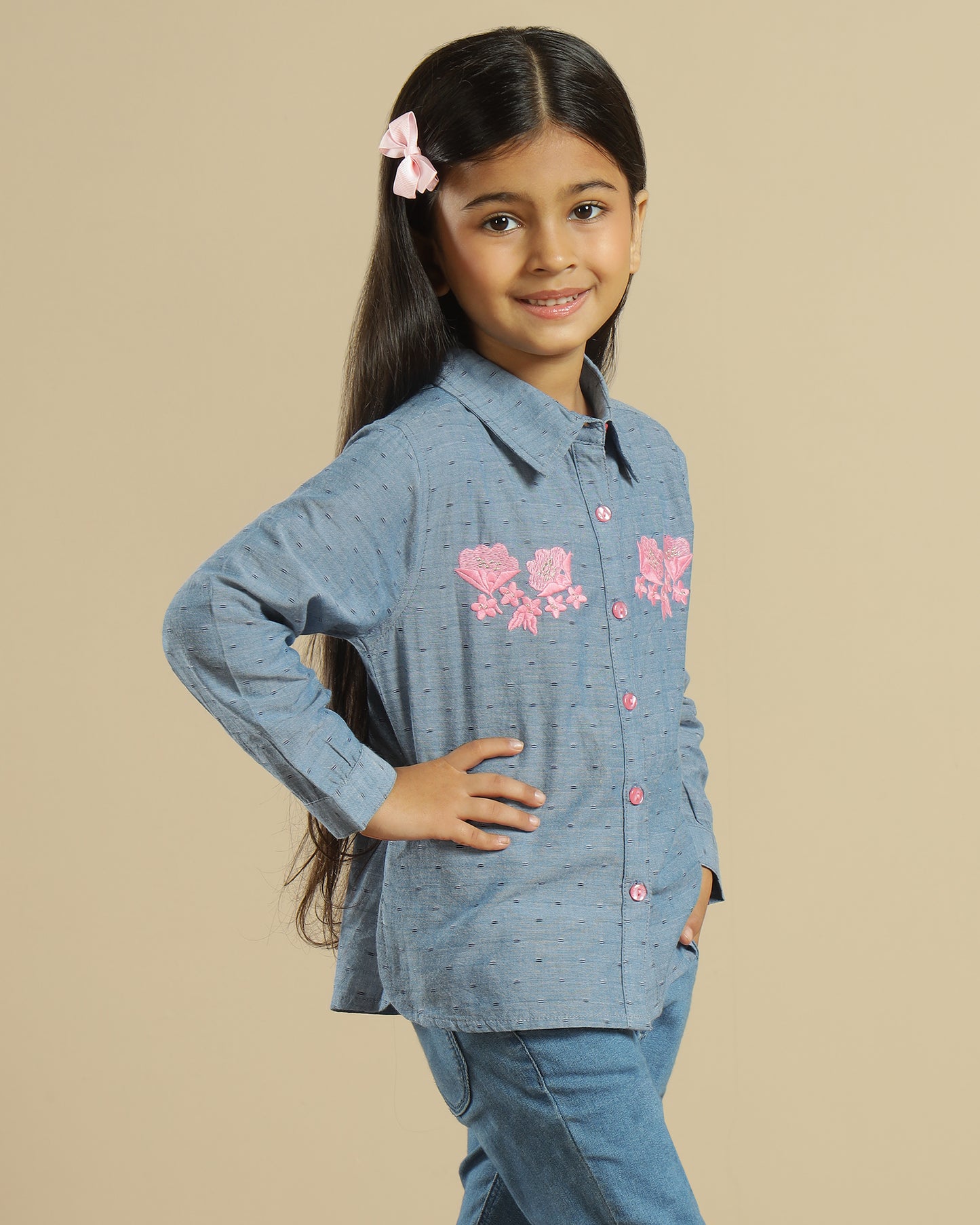 Girls Blue Embroidered Collared Casual Top