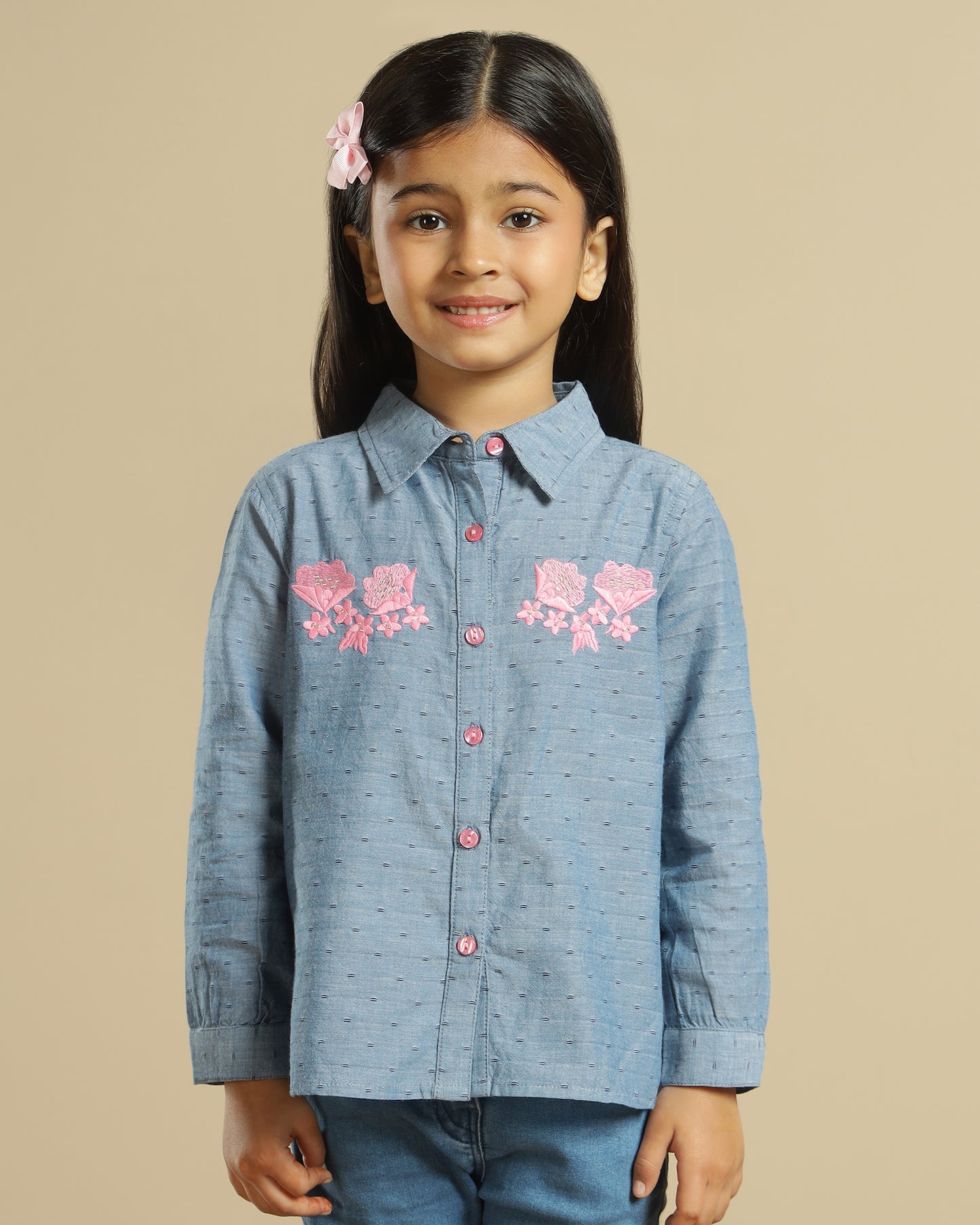 Girls Blue Embroidered Collared Casual Top