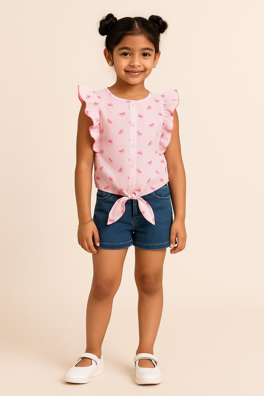 Girls Pink Printed Tie-Up Casual Top