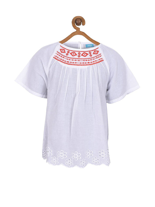 Girls White Embroidered Casual Top