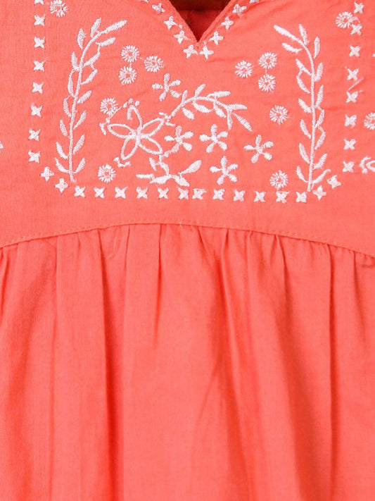 Girls Coral Sleeveless Embroidered Top