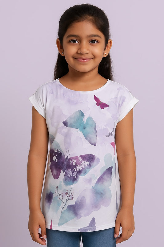 Girls Butterfly Print Casual Cap Sleeve Top
