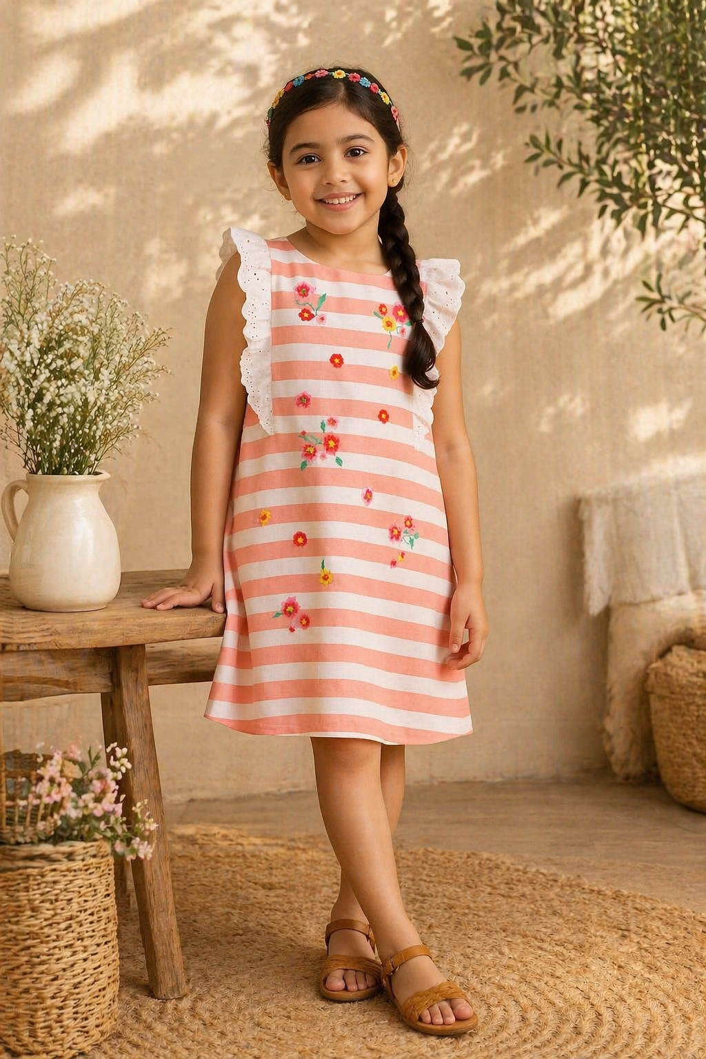 Girls Striped Embroidered Dress