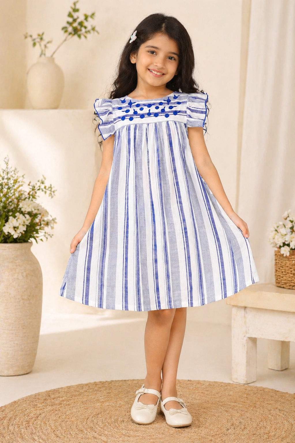 Girls Blue Striped Embroidered Dress