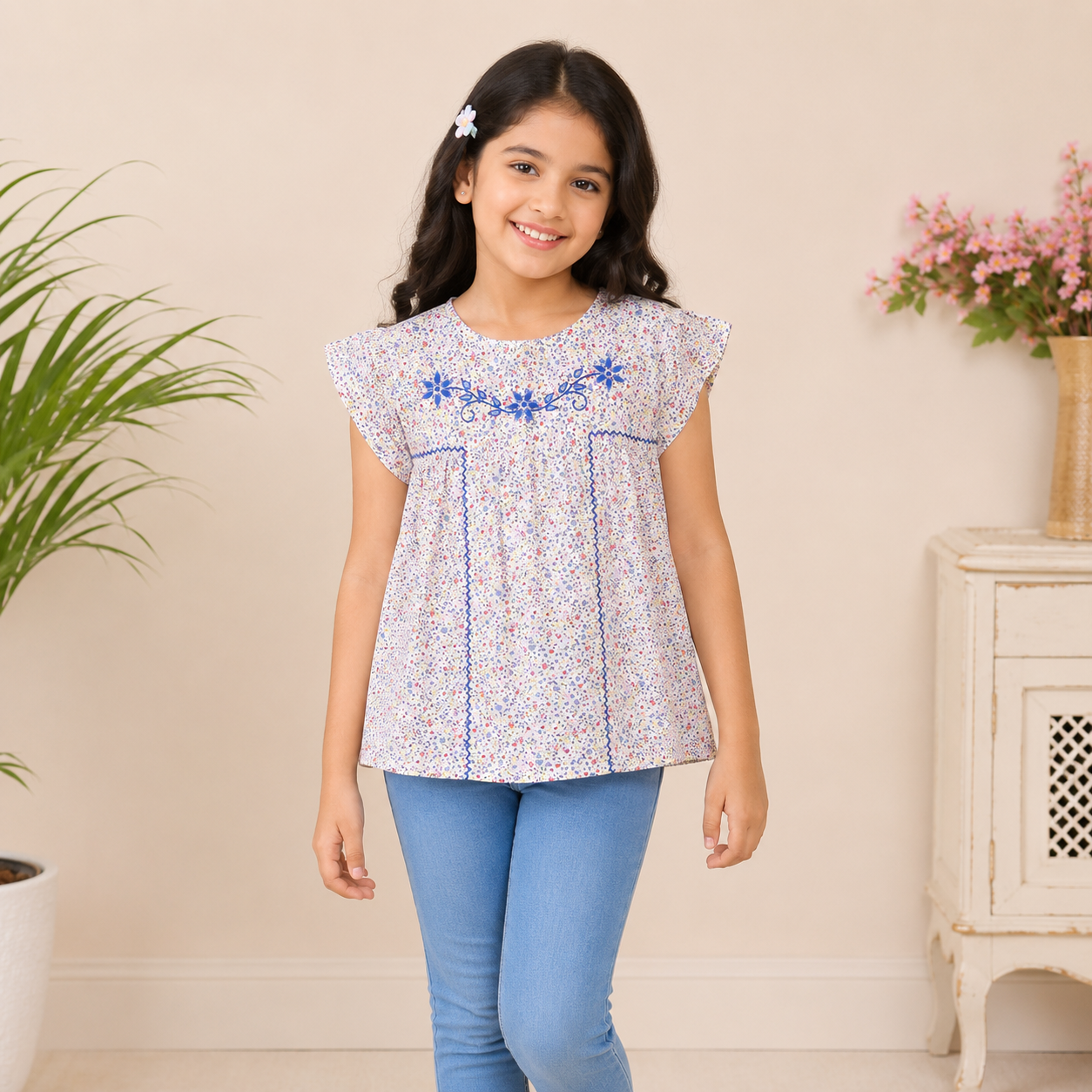 Girls Floral Embroidered Casual Cotton Top