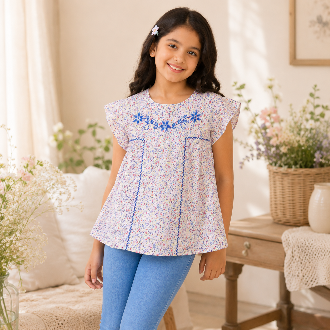 Girls Floral Embroidered Casual Cotton Top
