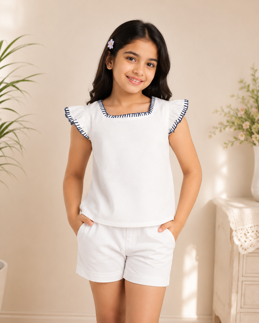 Girls White Flutter Sleeve Casual Top
