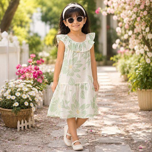 Girls Green Floral Printed Ruffle Neck Fit & Flare Dress