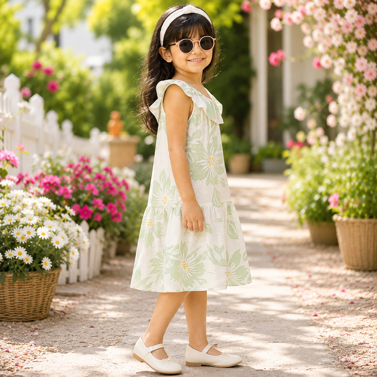 Girls Green Floral Printed Ruffle Neck Fit & Flare Dress