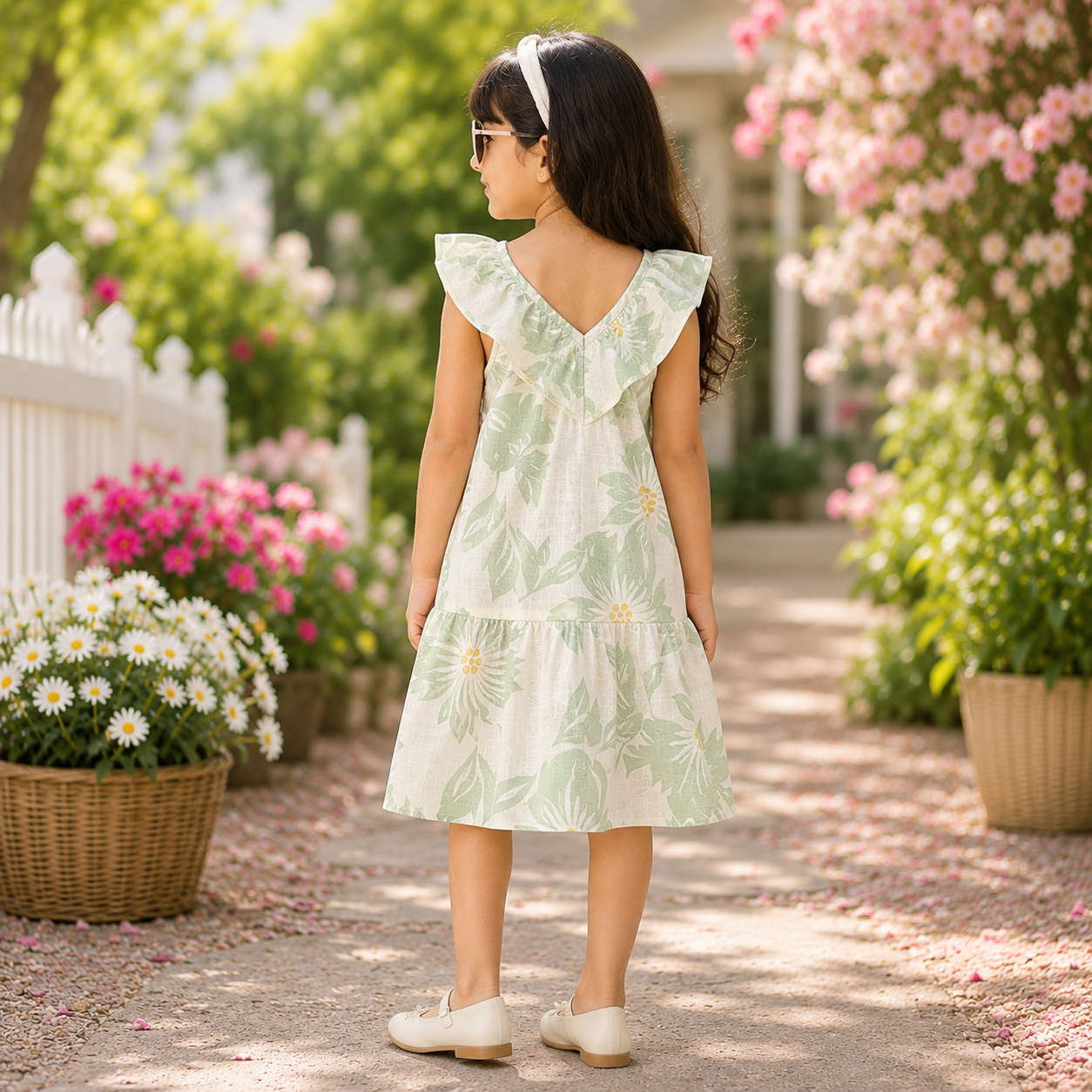 Girls Green Floral Printed Ruffle Neck Fit & Flare Dress