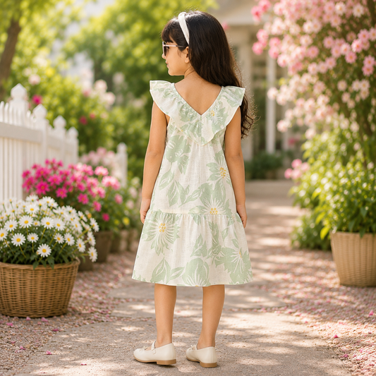 Girls Green Floral Printed Ruffle Neck Fit & Flare Dress