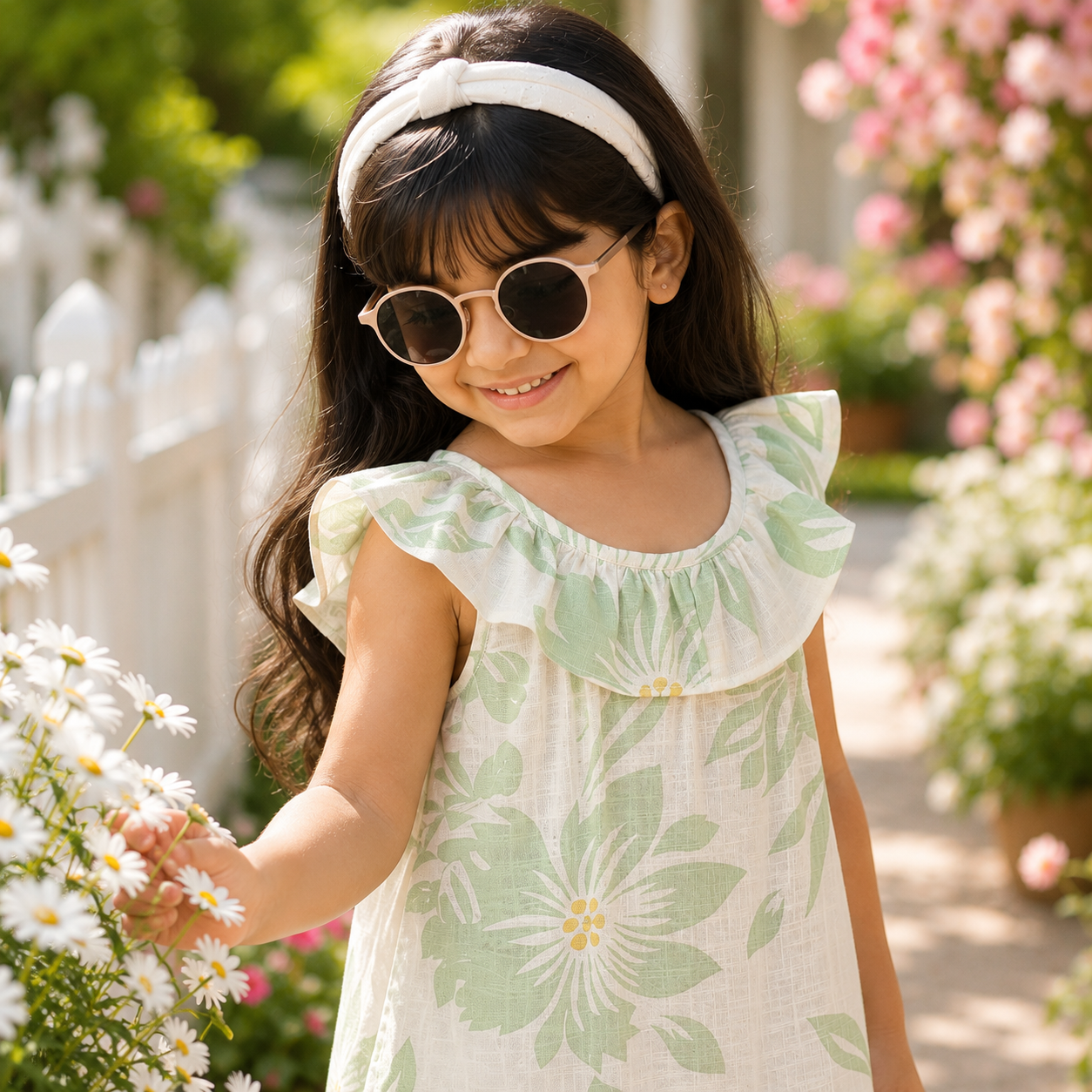 Girls Green Floral Printed Ruffle Neck Fit & Flare Dress