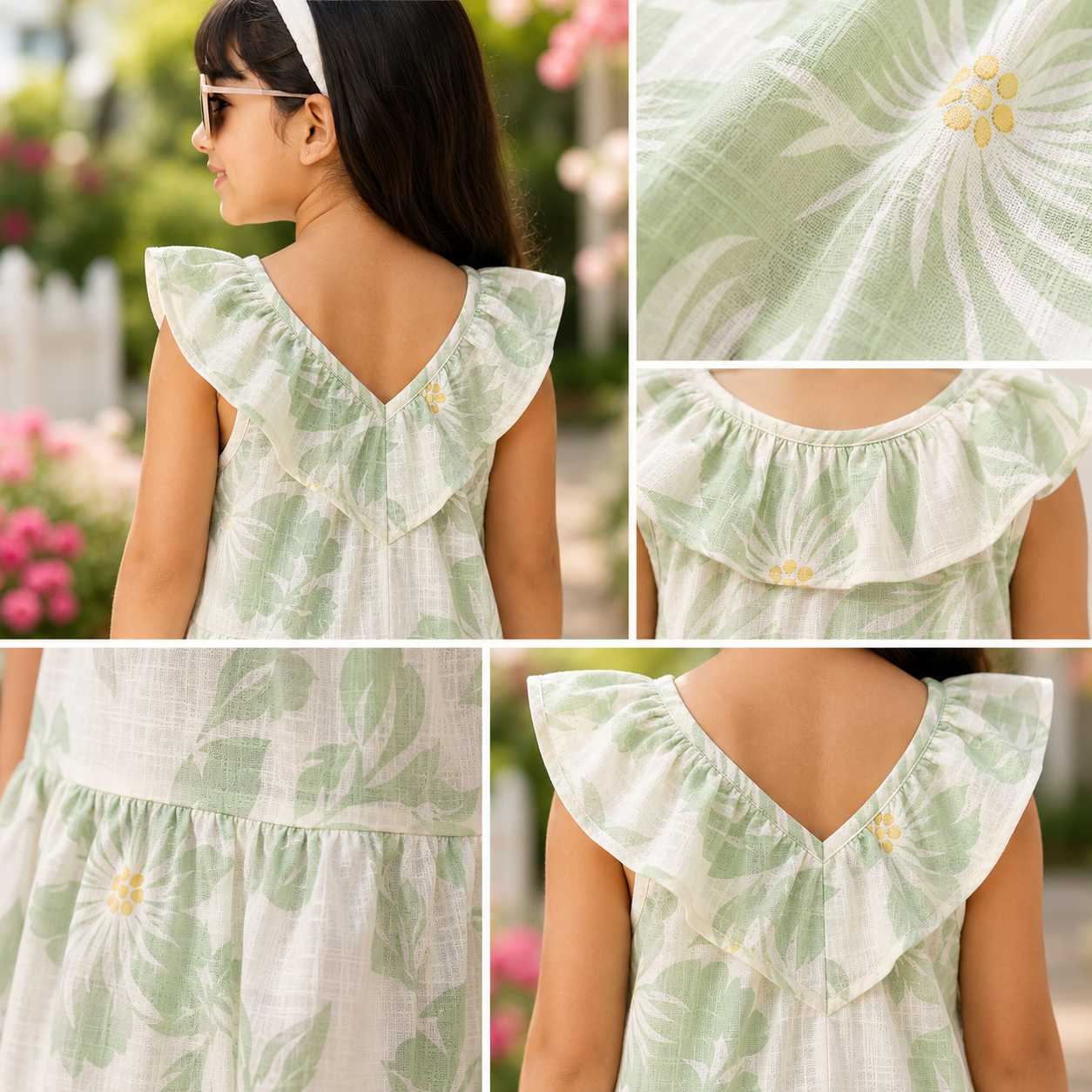 Girls Green Floral Printed Ruffle Neck Fit & Flare Dress