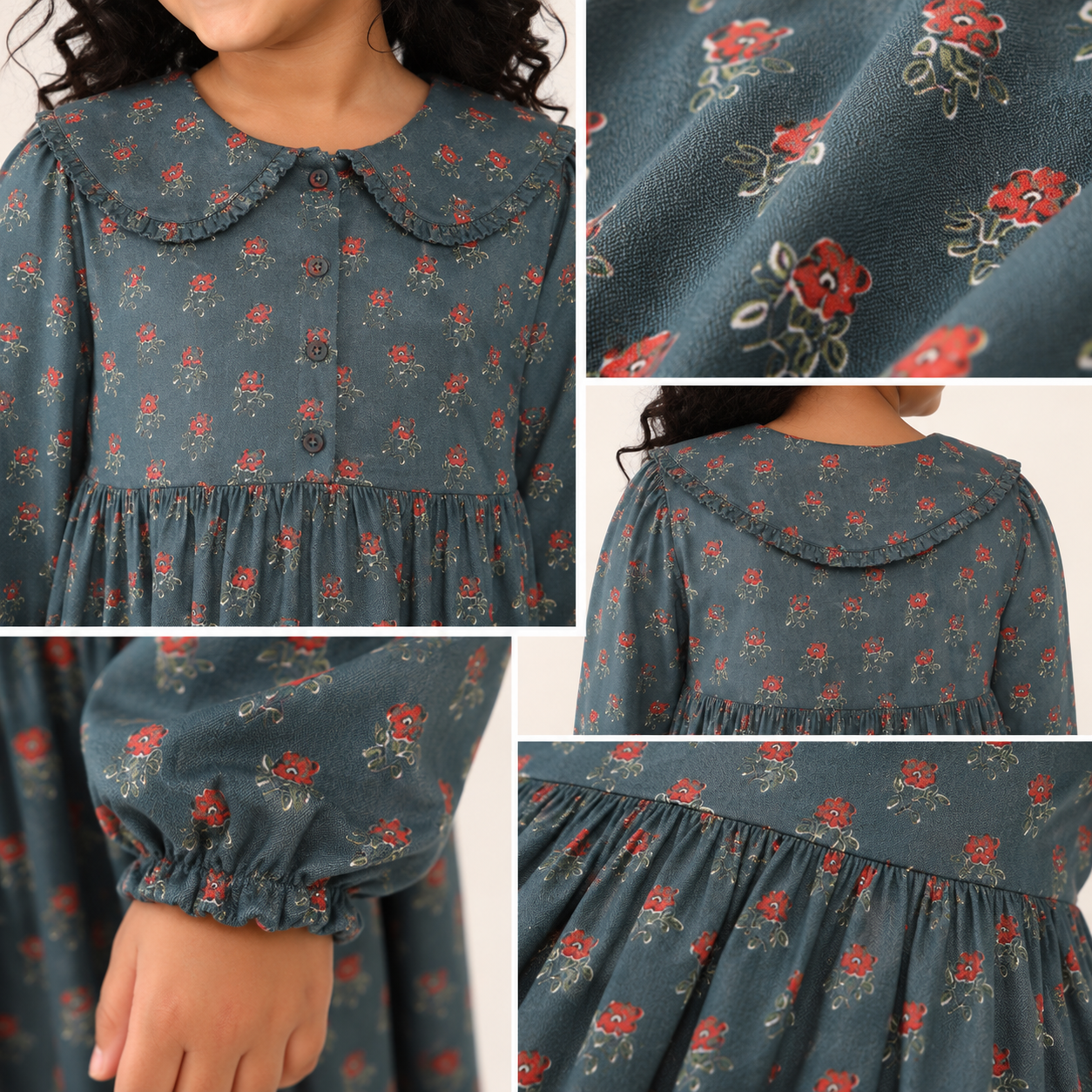 Girls Floral Full Sleeve Peter Pan Collar Dress